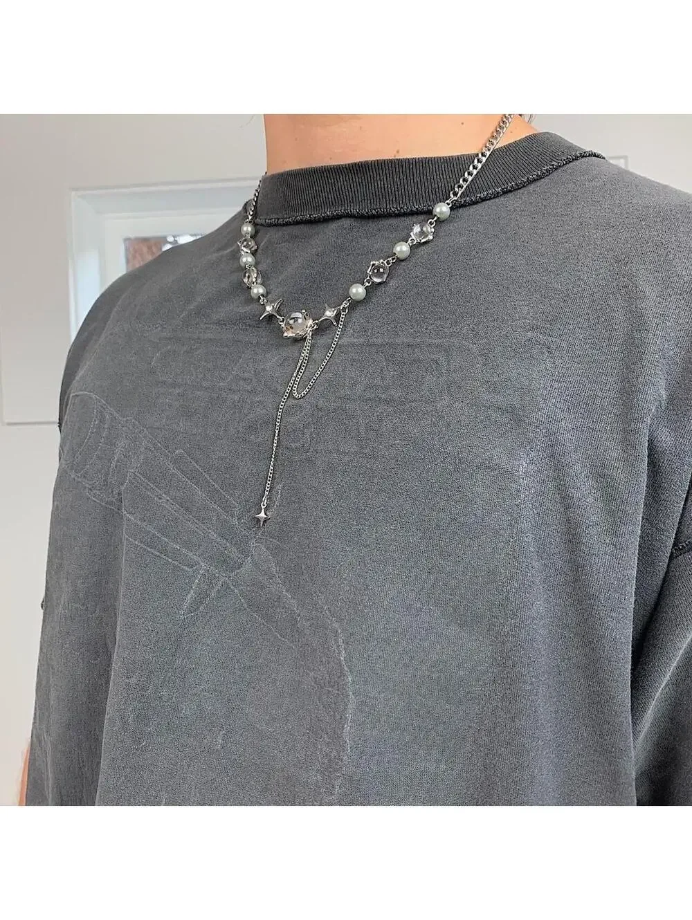 Cyber y2k grunge silver and beaded futuristic glass opal pendant necklace.
